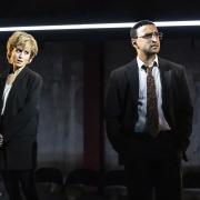 Yolanda Kettle as Princess Diana and  Tibu Fortes as Martin Bashir in The Interview at Park Theatre. Picture credit: Pamela Raith