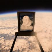 A portrait of William Shakespeare was sent into space on a weather balloon as part of celebrations to mark the 400th anniversary of the first printed edition of his collected plays.