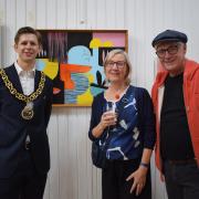 Haringey Mayor Cllr Lester Buxton with artists Jo Angell and Craig Barnard at the opening of the Crouch End Open Studios group show. Picture: Marie Mangan
