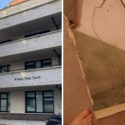 (Left) Antony Grey House and (right) a tenant's foot went through the bedroom floor