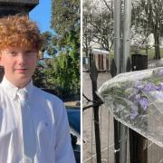 Harry Pitman (left) was stabbed to death on Primrose Hill on New Year's Eve. (Right) flowers left in tribute on temporary fencing at one entrance to the park