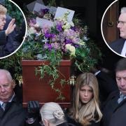 Sir Elton John (inset left) and Sir Keir Starmer (inset right) were among guests at the funeral of Derek Draper, husband of GMB presenter Kate Garraway