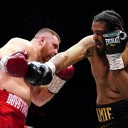 Jeamie Tshikeva (right) in action against Kostiantyn Dovbyshchenko in their heavyweight bout at the OVO Arena, Wembley. Image: PA