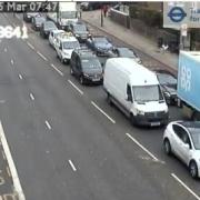 Queueing traffic due to a crash on the A41 Finchley Road