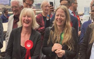 Cllr Anna Wright (Lab) and Cllr Sian Berry (Green) joyous after winning seats in Highgate with more than 1,800 votes each