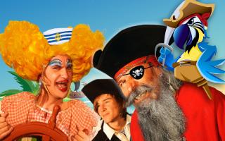 (left-right) Mark Sampson-Vincent as Ma Hawkins, Lucas Farrer as Jim Hawkins and Andy Farrer as Long John Silver in Garden Suburb Theatre's Treasure Island at King Alfred Phoenix Theatre, Golders Green.