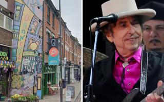 Banners in Crouch End (left) and Bob Dylan pictured (right)