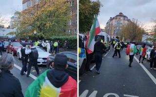 Anti-Islamic Centre of England (ICE) protesters clashing with police and pro-ICE protesters. This video was posted on Twitter on November 20, 2022.