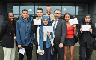 Cllr Marcus Boyland joins students from Hampstead School on GCSE results day (Image: Camden Council)