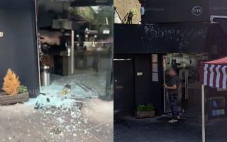 The restaurant front before the attack (right) and after being vandalised (left)