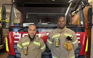 Firefighter Paul Fergus and sub-officer Zafer Nadji, who rescued a woman from a ferocious blaze caused by an e-scooter