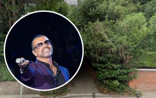 George Michael and a backdrop to Oak Hill Way, near to his Hampstead home