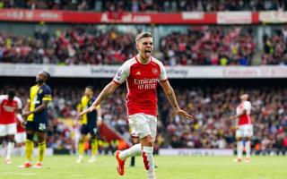 Arsenal's Leandro Trossard celebrates scoring their side's second goal of the game during the Premier League match at the Emirates Stadium, London. Picture date: Saturday May 4, 2024.